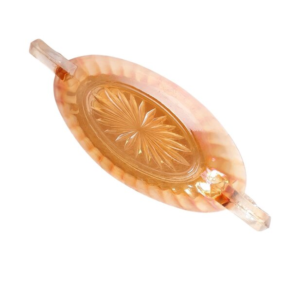 Vintage Iridescent Amber Carnival Glass Oval Ribbed Serving Dish with Handles - Picture 3 of 5